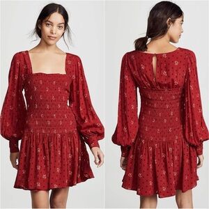 Free People Dress Two Faces Mini Ruched Bodice Long Sleeve Boho Ruby Red S